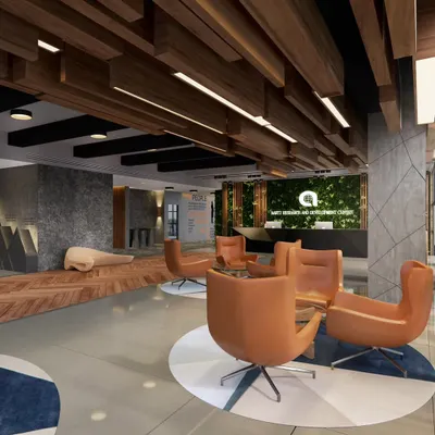 This was the vision. A 3D render showing the initial concept for the reception area, including the wood ceiling, seating arrangement, and overall material palette. This is where we align on the look and feel before any construction begins.