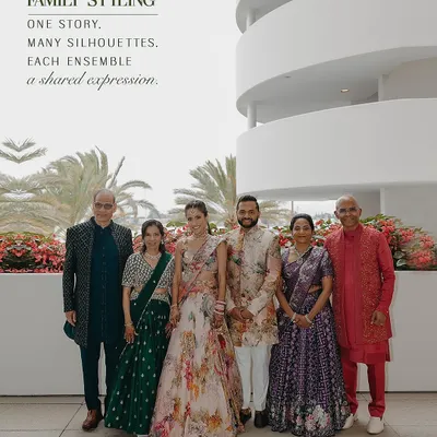 One story, many silhouettes. For this Sangeet, we styled the couple and their parents in a coordinated palette of florals, jewel tones, and pastels, creating a look of shared expression and unity.