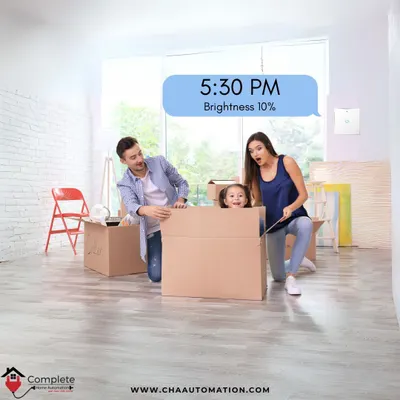 Brighten your space and lighten your life with our smart lighting innovations. This image shows how you can automatically adjust brightness levels throughout the day, like dimming to 10% in the evening.
