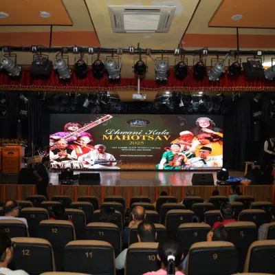 The view from the audience at the Dhwani Kala Mahotsav, our annual cultural festival. We provide a professional auditorium setting for our students to experience the thrill of a real stage performance.