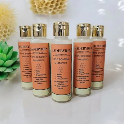 For hair that needs extra love and repair, I formulated this Triple Bonding Shampoo. It uses a powerhouse blend of Biotin to boost keratin, Rice Protein to improve elasticity, and Honey to deeply hydrate and seal moisture for a smooth, glossy finish.