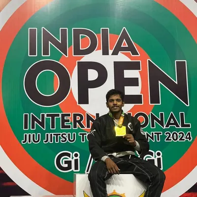Here I am on the podium after winning gold in the 76kg Gi division at the India Open International Jiu-Jitsu Tournament 2024. This is the result of consistent training and dedication.