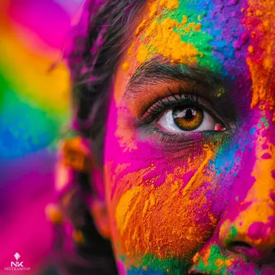 A macro-level detail shot of an eye during Holi. You can see every grain of color and the reflection in the pupil, showing the intensity of the festival.