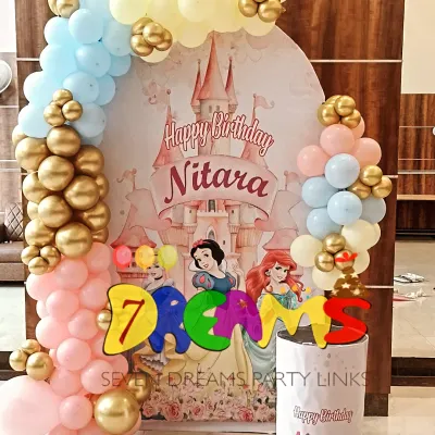 A classic Disney Princess theme featuring Snow White and Ariel. This decoration uses a pastel balloon arch with gold accents and a castle backdrop for a truly royal birthday party.