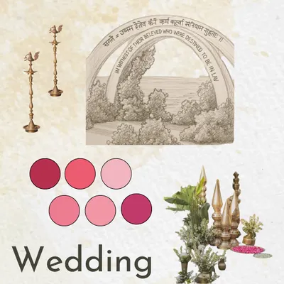 The first layer of 'Mantram'. This mood board was our starting point, combining the concept of a Sanskrit-inscribed arch with a soft pink color palette and traditional brass elements to create a sacred, rhythmic theme.