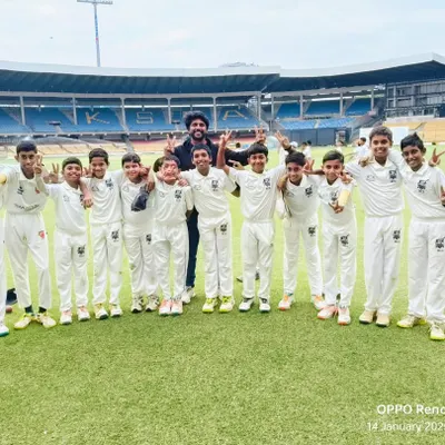 Our victorious Lions Cricket Club team after defeating Jayanagar United Cricketers in a KSCA Under-12 League match at the Chinnaswamy Stadium.