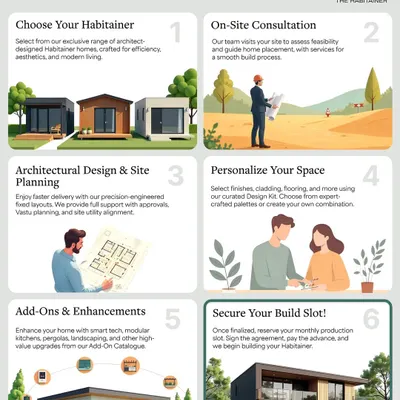 This infographic outlines our streamlined 6-step journey. From the first consultation to securing your build slot, we make the process of building your dream hospitality space clear and straightforward.