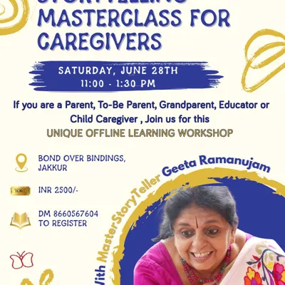 An announcement for my Storytelling Masterclass for Caregivers. These offline workshops are designed to be engaging and practical for parents, to-be parents, and educators.