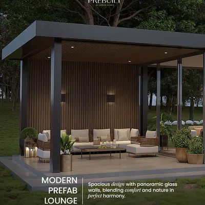A close-up of our modern prefab lounge concept, showing the open-air seating area. The design uses a combination of a solid wood-paneled back wall and a strong metal frame for a durable and stylish finish.
