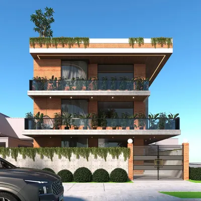 This is a 3D visualization of a residential facade I designed. It reflects the inhabitants' personality: warm and wonderful, using a combination of classic brick, modern concrete, and lush greenery on the balconies and rooftop.