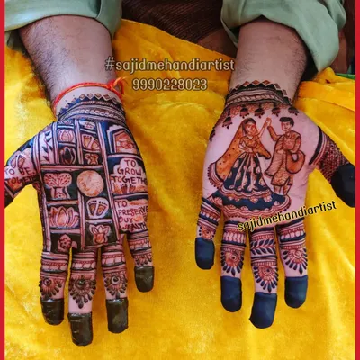 For this groom's mehandi, I created a custom story. One hand features a portrait of the couple, while the other has symbolic panels representing their journey, like footprints for 'growing together'.
