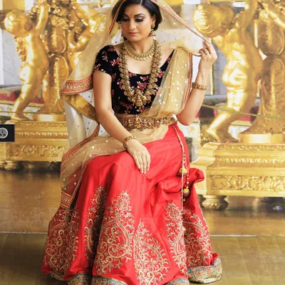 A truly royal bridal look, this ensemble pairs a deep navy velvet blouse with a vibrant red lehenga. The look is completed with a classic gold kamarbandh and dupatta, making it perfect for a traditional wedding ceremony.