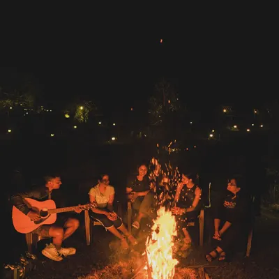 The heart of our campsite at night is the bonfire. It's where guests come together to share stories, listen to music, and enjoy the warmth.