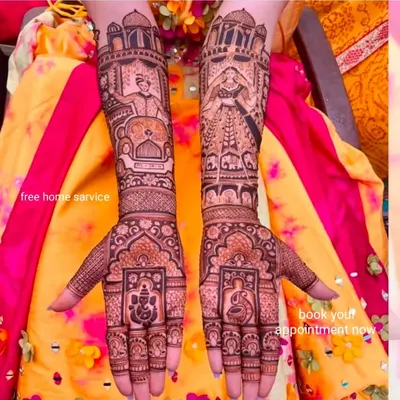 I specialize in creating detailed face portraits in mehndi. This design features the bride and groom, along with Lord Ganesha, telling a complete wedding story on the arms.