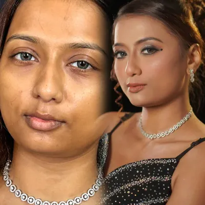 A dramatic before-and-after transformation for a party look. This showcases my signature glam artistry, tailored to highlight each person's unique elegance.