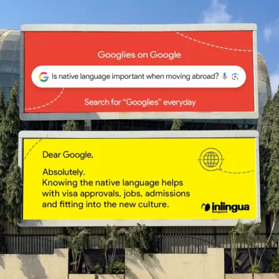 This billboard answers a common question: "Is native language important when moving abroad?" Absolutely. It's key for visa approvals, jobs, admissions, and fitting into a new culture.