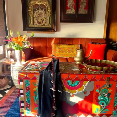 This vintage trunk has been given a new story. I restored and hand-painted it with motifs inspired by Kalamkari art and temple paintings, turning it into a functional and collectible coffee table.