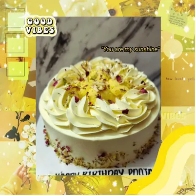 My Rasmalai and Nuts cake is like a little bit of sunshine. It's decorated with beautiful swirls of frosting, crushed pistachios, and delicate rose petals, making it as pretty as it is tasty.