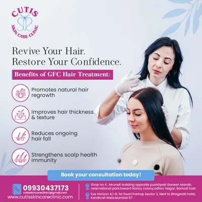 Here, one of our specialists is administering a GFC hair treatment. This non-surgical procedure is shown in a clean, professional setting, reassuring patients of the safe and expert care they will receive to improve hair texture and strengthen scalp health.