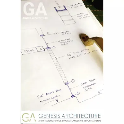 A detail sketch done by hand, showing the junction between a wire-cut brick wall and toughened glass. This is where architecture happens, in the careful consideration of how materials meet and how the building is put together.