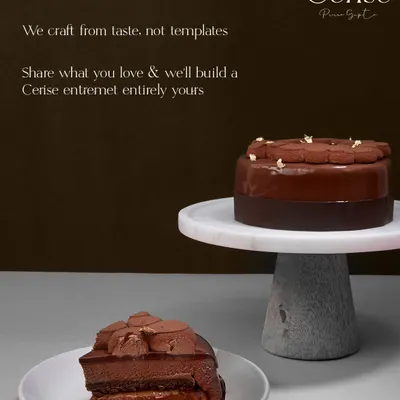 My process is a conversation. Tell me the flavours you love, and I will build a custom entremet that is entirely yours. I craft from taste, not from templates.