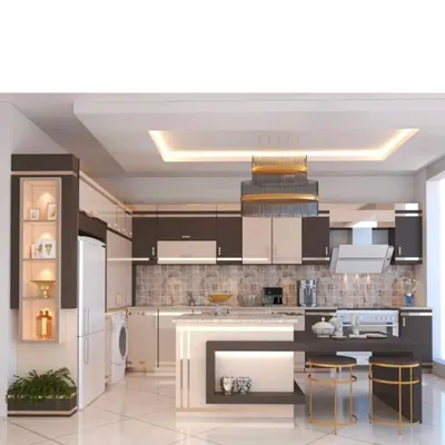 A perfect example of a modern kitchen with an island. I used a combination of dark and light laminates for the cabinets, a durable countertop, and a stylish chimney. The false ceiling with recessed lights provides excellent illumination for the entire space.