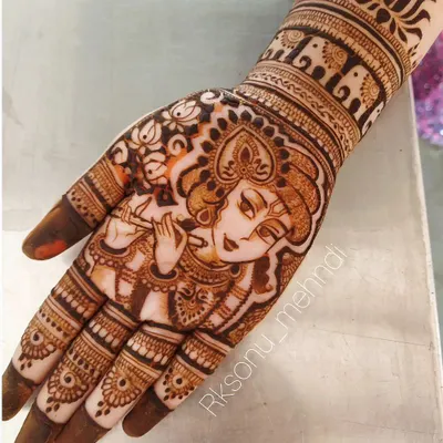 A stunning portrait of Lord Krishna playing his flute, intricately detailed to fit on the palm of the hand. This design is a beautiful way to carry a symbol of divine love and music.