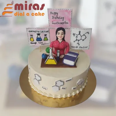 This detailed chemistry-themed cake was for a teacher's birthday. It includes a hand-made figurine, edible chemical structures, and miniature lab equipment to celebrate her passion for science.