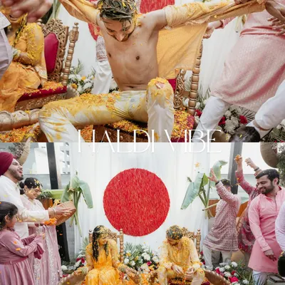 The Haldi ceremony at its most energetic. This collage shows the groom being playfully covered in turmeric by his friends and the couple being showered with flower petals, capturing the pure fun of the ritual.