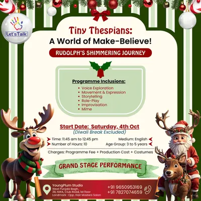 Our "Tiny Thespians" program poster for the Christmas special, "Rudolph's Shimmering Journey." It details the activities and age group (3-5 years) for this festive stage performance.