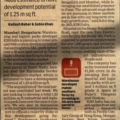 A newspaper clipping from The Economic Times detailing our advisory work for KSH Infrastructure. We guided the acquisition of a 50-acre land parcel in Tamil Nadu for a planned industrial and logistics park with a development potential of 1.25 million sq ft.