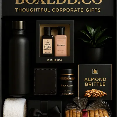 An AI-generated concept of a "doll box" trend that perfectly captures our aesthetic. This all-black hamper features luxury bath products, a sleek bottle, and gourmet snacks.