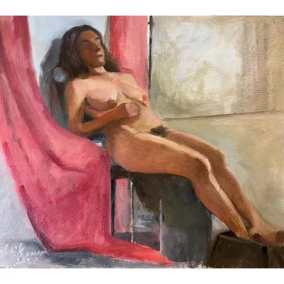 This oil on linen figure study was completed over a weekend session with a wonderful Spanish model. I focused on capturing her relaxed pose and the way the light fell across her form, with the pink fabric adding a pop of color.
