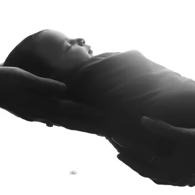 A beautiful black and white portrait showing a newborn held securely in their parents' hands. This high-contrast image emphasizes the delicate size of the baby and the protective love of the family.