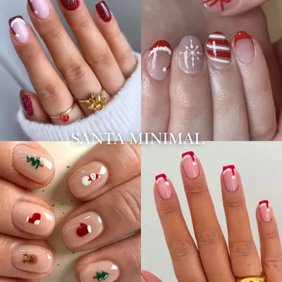 For the minimalist girl, here is some Santa-themed Christmas inspiration. This collage features subtle and chic designs with small festive details like bows, snowflakes, and tiny Santas.