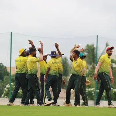 A team celebrates taking a crucial wicket during the Sindoor Friendship Cup. This image captures the competitive spirit and camaraderie of the open-age tournaments we host.