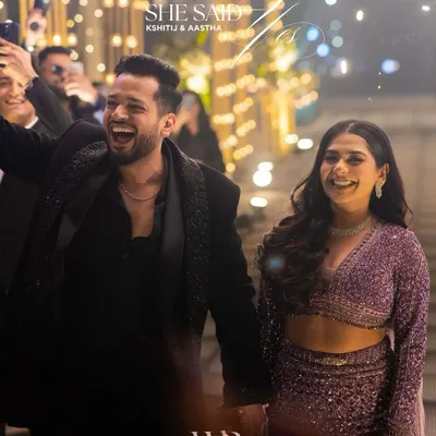 That "She Said Yes!" moment. We love creating the perfect backdrop for these life-changing memories, but the real magic is the pure, unscripted joy on the couple's faces. Here, they celebrate with sparklers after the proposal.
