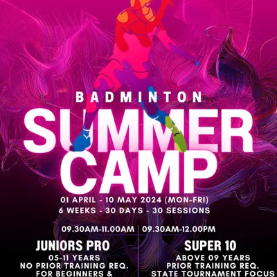 Our official poster for the Badminton Summer Camp, detailing programs for different age groups and skill levels like 'Juniors Pro' and 'Super 10'.