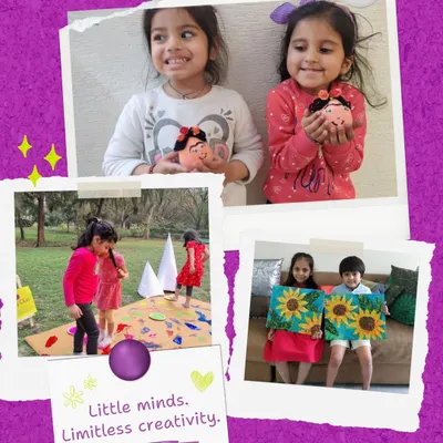 This collage showcases the limitless creativity of our little artists. You can see kids proudly holding their Frida Kahlo-inspired clay pots and sunflower canvas paintings, highlighting the variety of projects we offer.