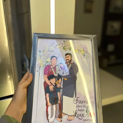 Family is where life begins and love never ends. This custom illustration captures a beautiful family moment, complete with their new baby, and is presented in a sleek grey frame.