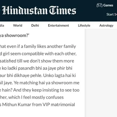 Being featured in the Hindustan Times was a significant moment. This article discusses the nuances of modern matchmaking, where I shared my perspective on the importance of patience and genuine connection over a "showroom" of options.