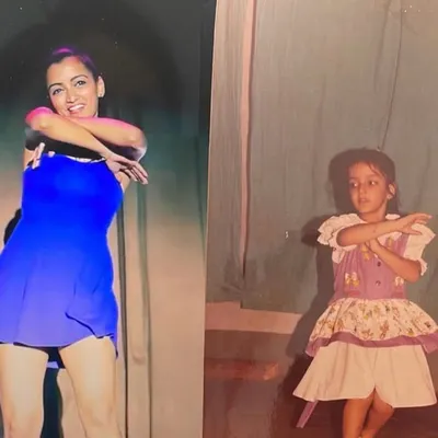 A side-by-side photo of me as a little girl in a dance costume and me now. My journey from a kid with a dream to founding my own dance company has been incredible.