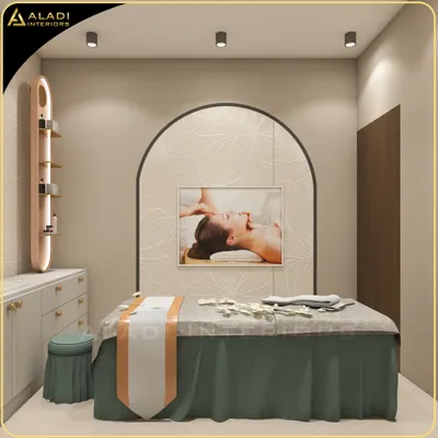 A 3D render of a luxury spa room, showcasing a textured arch feature wall, soft ambient lighting, and elegant, minimalist furniture to create a deeply relaxing atmosphere.