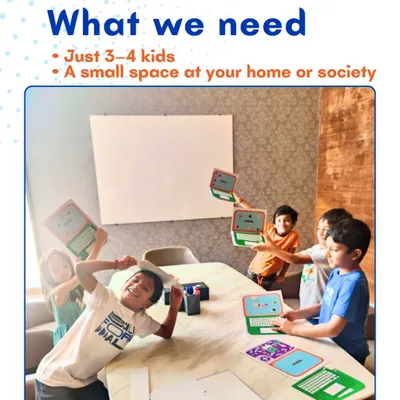 It’s easy to host a workshop. All I need is a small group of 3-4 children and a space at your home or in your society. This image shows a group of kids having a blast learning with my paper-based coding tools around a table.