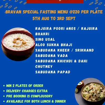 My special fasting menu for the month of Shravan, perfect for bulk orders for religious events. Everything is pure vegetarian and cooked separately with rock salt, including items like Rajgira Poori, Sabudana Khichdi, and Sabudana Kheer.