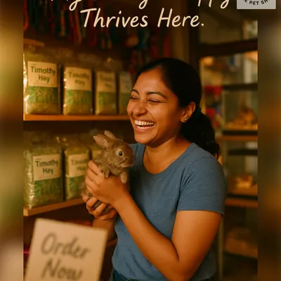 A happy bunny thrives on a proper diet. This customer is delighted with the freshness of my Timothy hay, which is essential for a rabbit's digestive health.