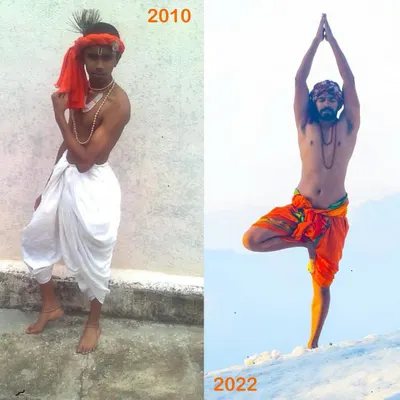 A transformation journey from 2010 to 2022. This shows my personal evolution in my yoga practice, from a young enthusiast to a dedicated yogi practicing Vrikshasana in the snow.
