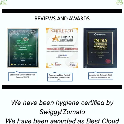 A summary of my key achievements, including being awarded as 'India's Most Trusted Food Brand' and 'Mumbai's Best Exotic Continental Cafe'. I am also hygiene certified by Swiggy and Zomato.