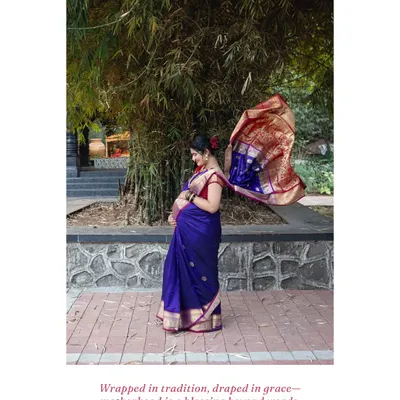 There is a special kind of grace in tradition. For this outdoor shoot, we used a beautiful flowing saree to create a timeless portrait that feels both divine and deeply personal, celebrating motherhood as a blessing.