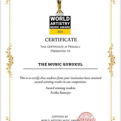 We congratulate our hardworking student Tvisha for her award-winning results in the World Artistry Music Award competition. This is a testament to her daily effort and our institution's commitment to excellence.